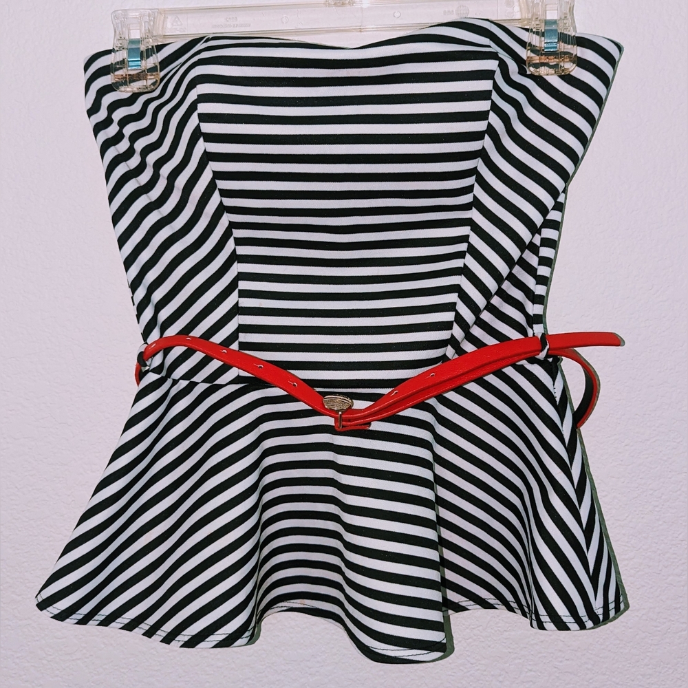 Size Small Black & White Striped Corset Top w/ Red Belt by "Alt B"